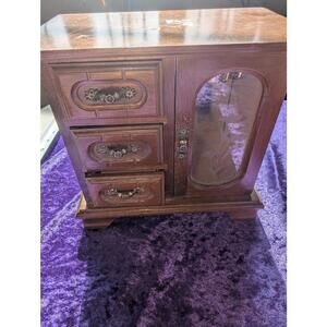 Vintage Wooden Jewelry Box with Drawers and Glass Door